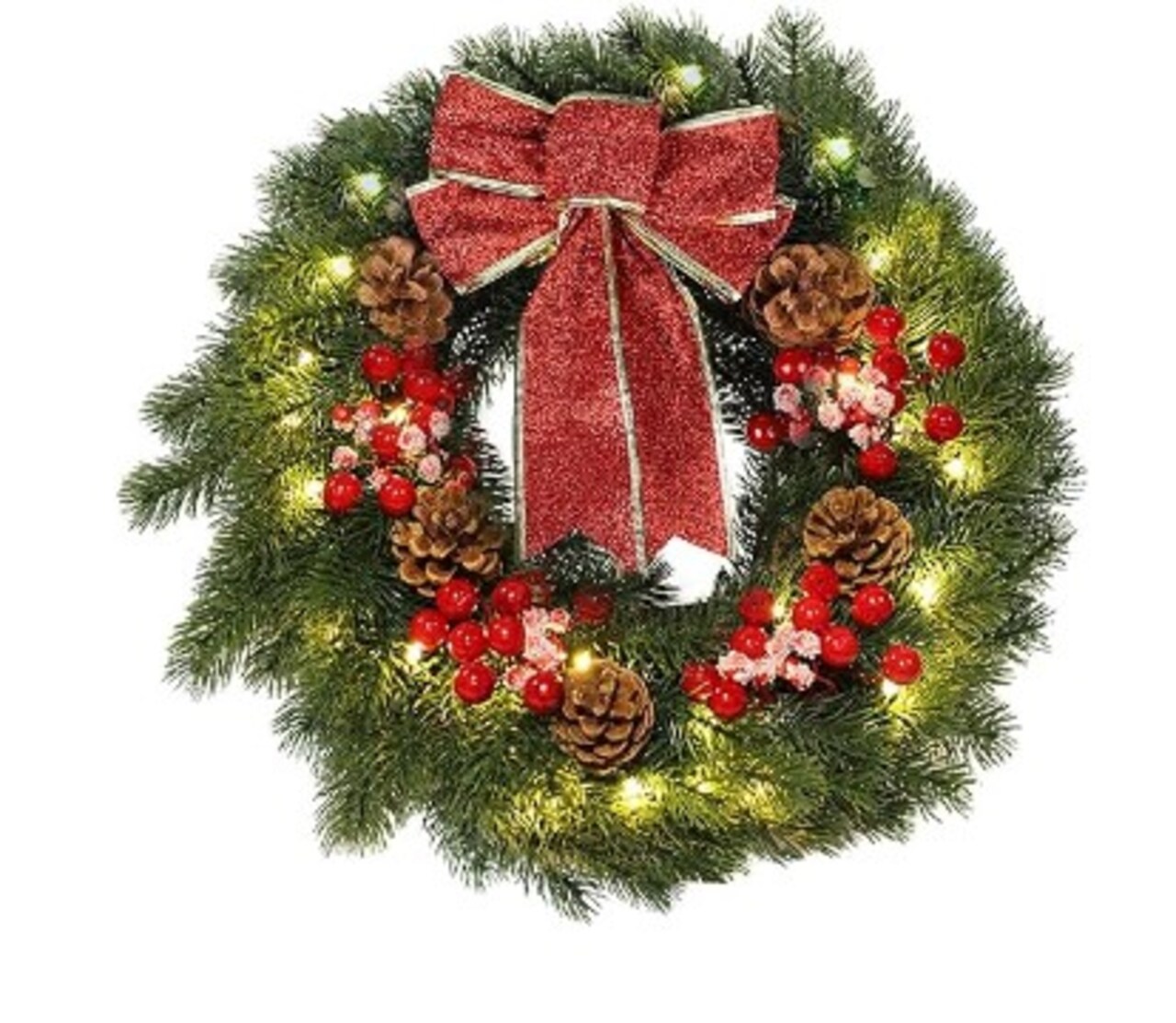 Lighted Christmas Wreath with 40 LED Warm White Lights for Winter Holidays Home Decoration 16 Inches LED Christmas Wreath with Pinecones Red Berries, Red Bowknot